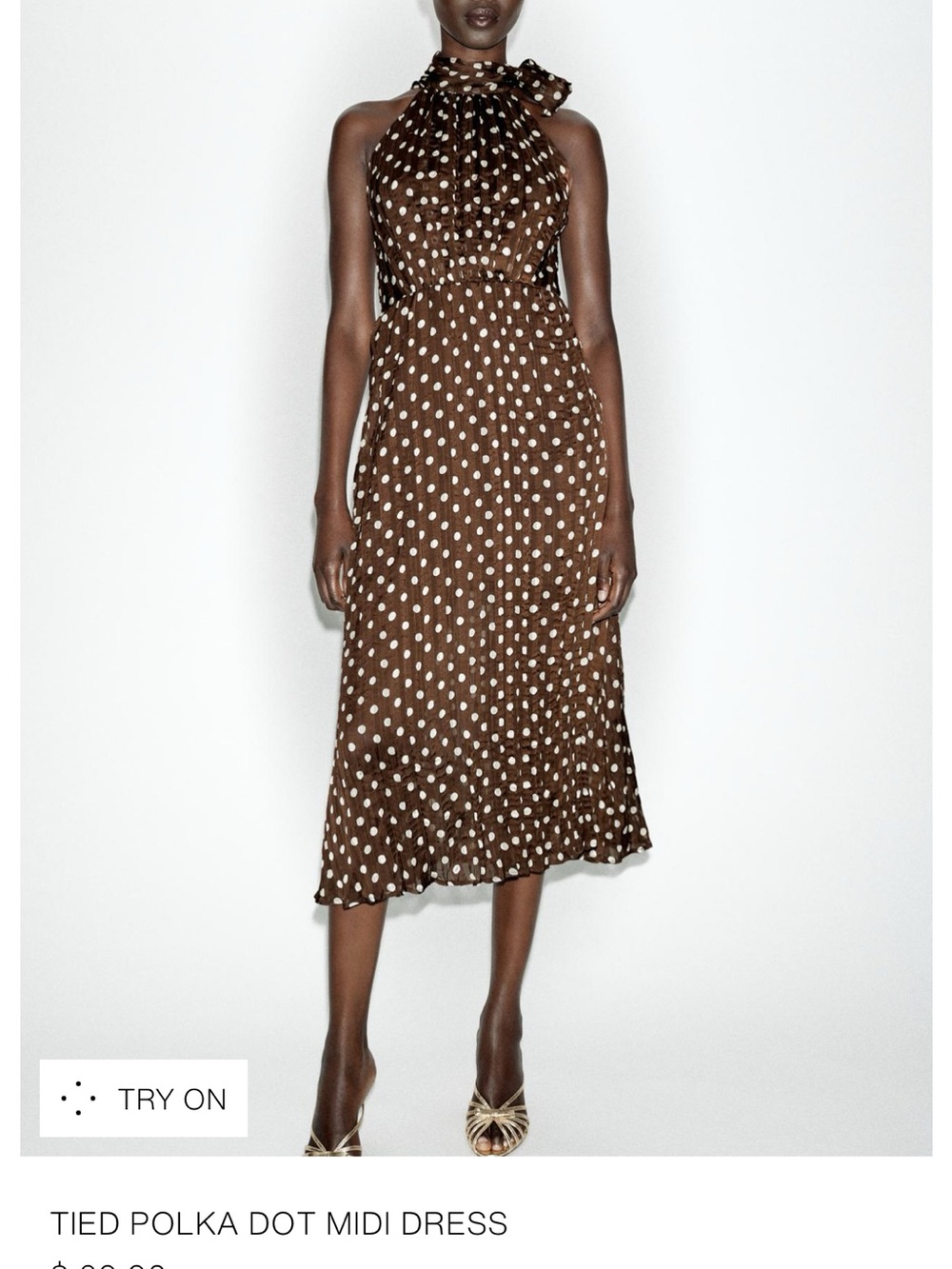 Zara Brown & White Polka Dot Halter Tie Midi Dress